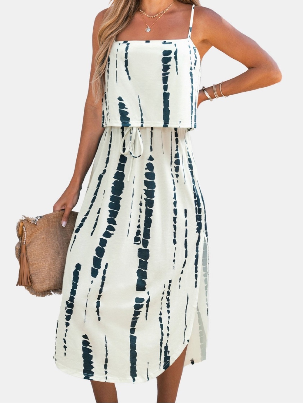 Cupshe NWT L white teal Sleeveless Tie-Dye cinch waist Midi Dress adj strap